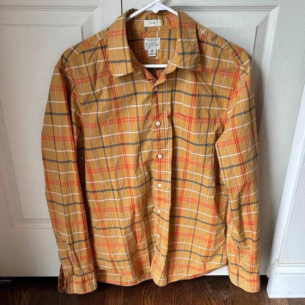 J. Crew pair of Red Yellow Plaid Men casual cotton button down Shirts M slim EUC